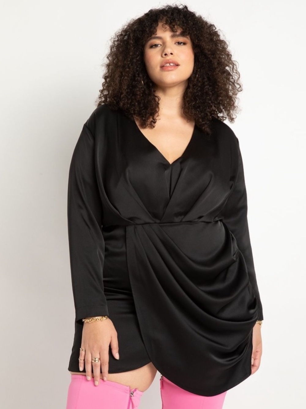 NWT Eloquii Black Satin Draped Mini Dress Size 24